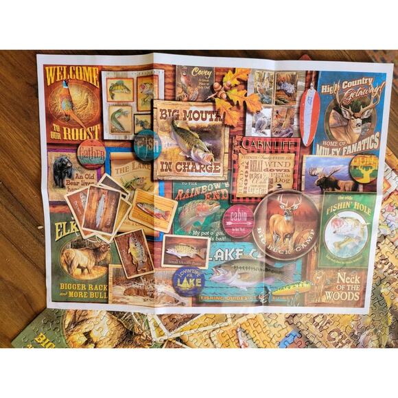Jigsaw Puzzle 1000 Pcs Rustic Lodge Hunting Fishing Camping Art Collage Complete - Picture 2 of 9